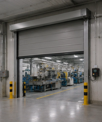 Rapid Roll Door pada bangunan industri modern dengan desain profesional untuk meningkatkan efisiensi akses dan operasional.