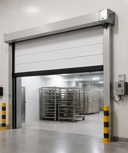 Rapid Roll Door pada cold storage untuk menjaga suhu ruangan tetap stabil dan mengurangi kehilangan energi.