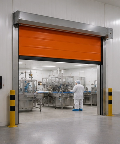 Rapid Roll Door pada industri farmasi untuk membantu menjaga kebersihan area produksi dan mengontrol lingkungan kerja.