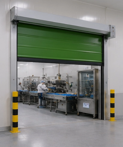 Rapid Roll Door pada industri makanan dan minuman untuk menjaga kebersihan area produksi serta mempercepat akses operasional.