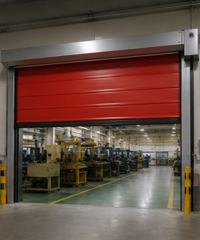 Rapid Roll Door pada pabrik manufaktur untuk mempercepat akses antar area produksi dan menjaga efisiensi operasional.
