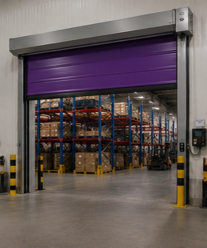 Rapid Roll Door pada pusat logistik untuk mempercepat arus kendaraan distribusi dan meningkatkan efisiensi operasional.