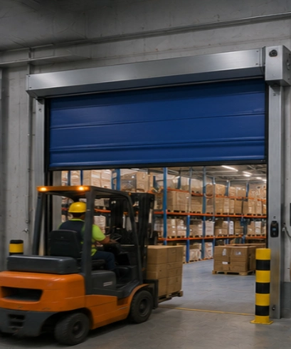Jasa pemasangan Rapid Roll Door pada warehouse untuk mempercepat akses forklift dan distribusi barang.
