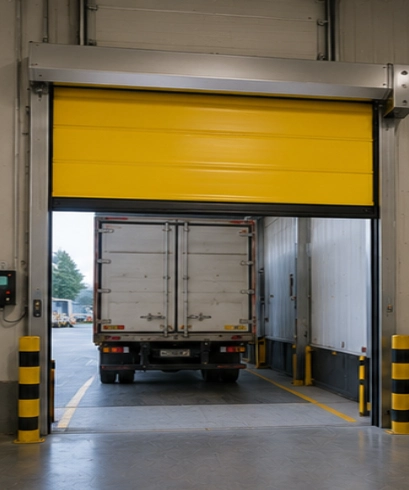 Rapid Roll Door pada pusat distribusi untuk mendukung aktivitas logistik dengan frekuensi buka tutup yang tinggi.