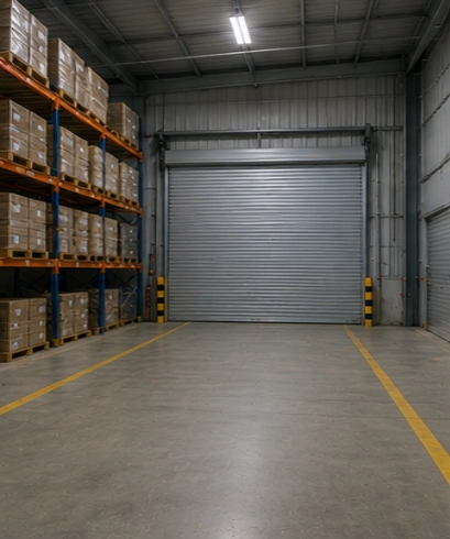 Roller Shutter Door pada pusat distribusi untuk mempercepat aktivitas keluar masuk barang.