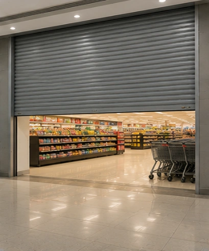 Roller Shutter Door pada retail dan supermarket untuk meningkatkan keamanan area toko.