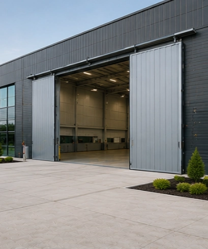 Sliding Door pada bangunan industri modern dengan sistem pintu geser yang efisien dan berdesain minimalis.
