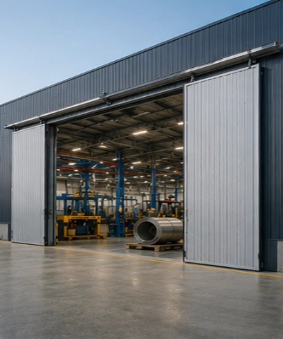 Jasa pemasangan Sliding Door pada pabrik manufaktur untuk mendukung akses kendaraan produksi dan perpindahan material.