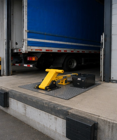 Vehicle Restraint pada area loading dock untuk mengunci posisi truk selama aktivitas bongkar muat.