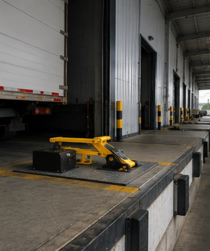 Vehicle Restraint pada cold storage untuk menjaga posisi kendaraan selama proses bongkar muat produk bersuhu dingin.