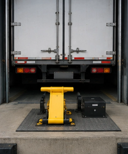 Vehicle Restraint pada pabrik manufaktur untuk meningkatkan keselamatan loading dock dan kendaraan distribusi.