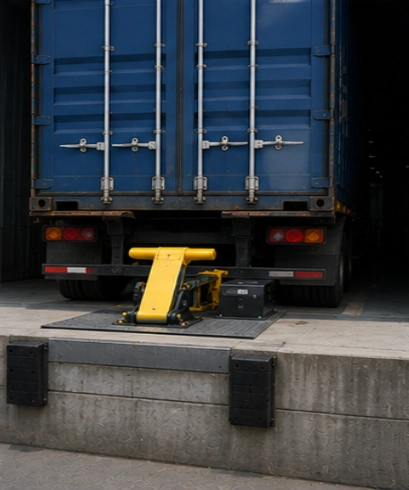 Vehicle Restraint pada pelabuhan logistik untuk mengamankan kendaraan selama proses distribusi kontainer dan barang.