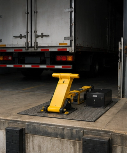 Vehicle Restraint pada pusat distribusi untuk mengamankan kendaraan selama aktivitas loading dock.