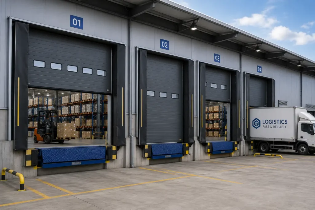 Jasa pemasangan Industrial Sectional Door pada area loading bay modern untuk mendukung proses bongkar muat barang, akses kendaraan logistik, dan operasional distribusi yang aman, cepat, serta efisien.