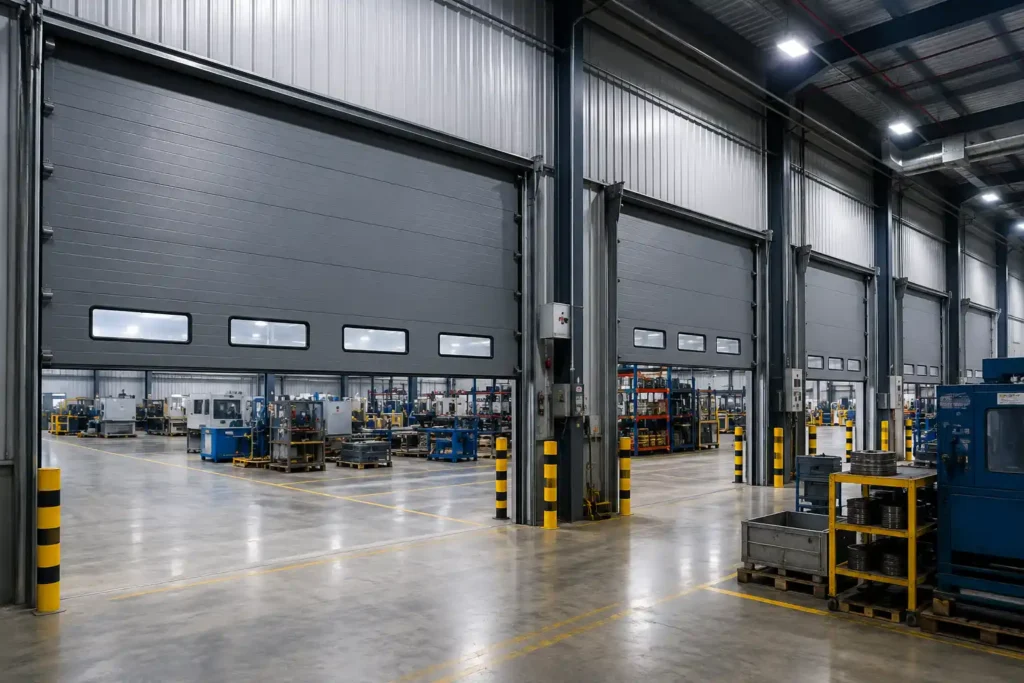 Jasa pemasangan Industrial Sectional Door pada area pabrik manufaktur modern dengan sistem pintu industri untuk mendukung operasional produksi yang aman dan efisien.