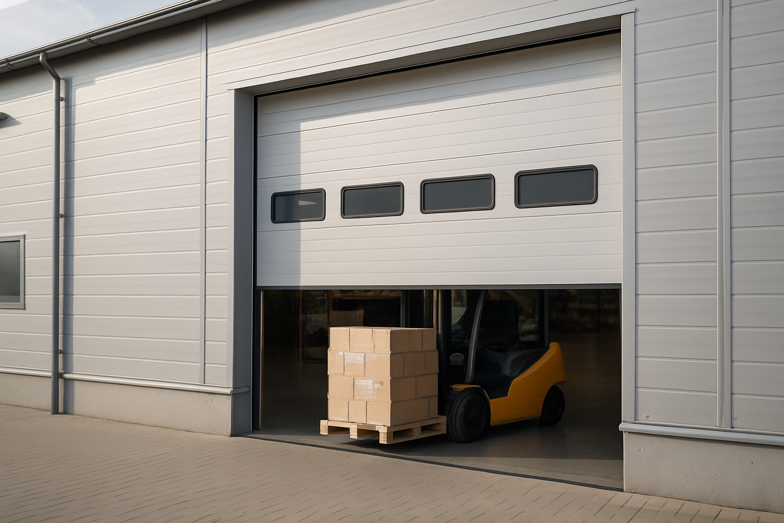 Warehouse sectional door modern setengah terbuka dengan forklift di depan