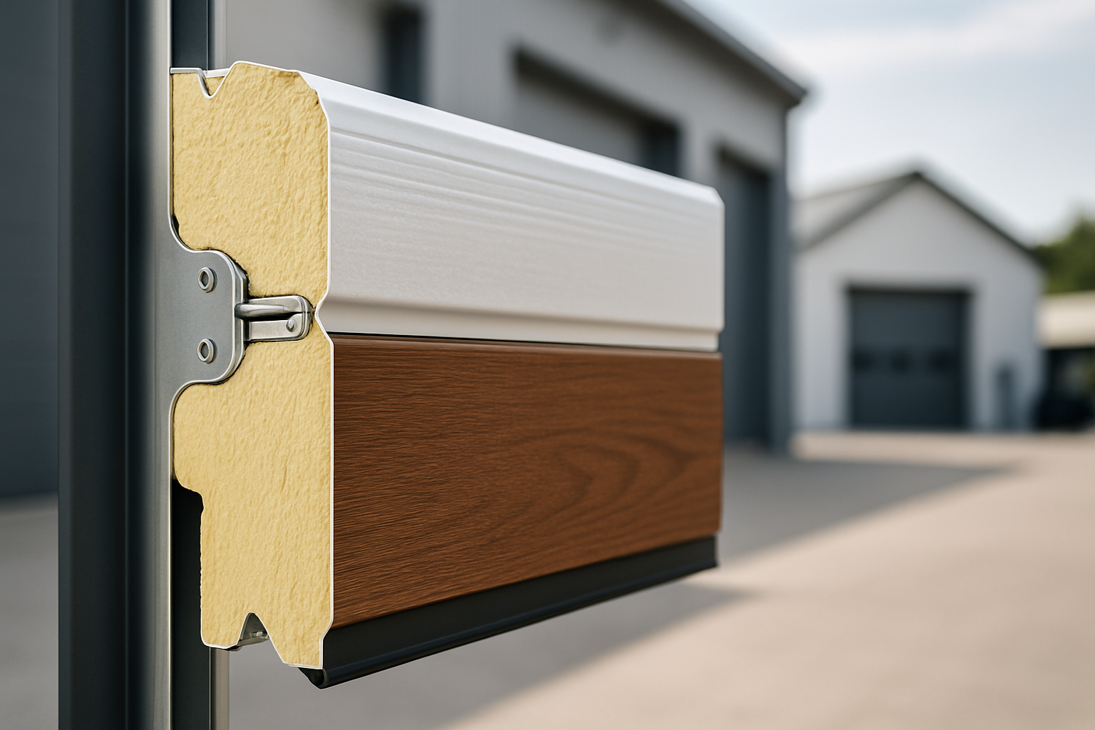 Sectional door modern dengan potongan bahan memperlihatkan lapisan baja, isolasi, dan finishing kayu