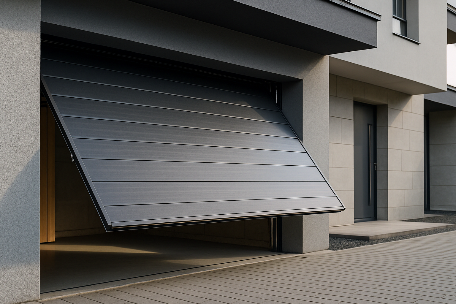 Garage rumah dengan sectional door modern setengah terbuka