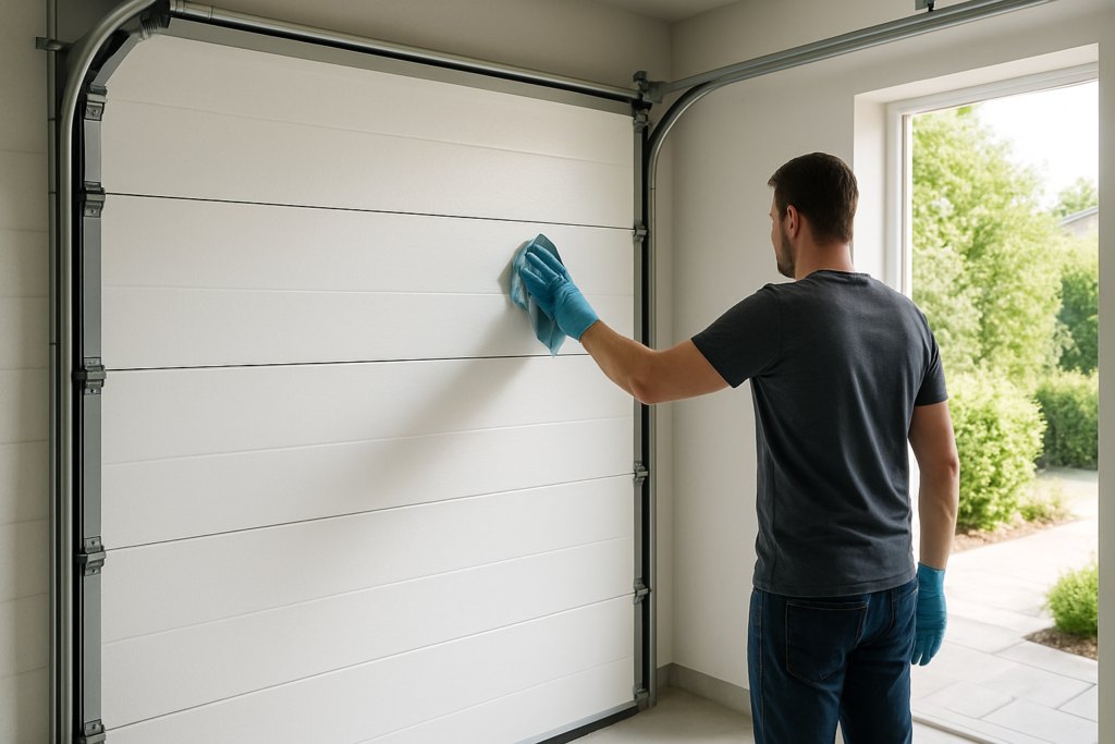 Orang membersihkan sectional door garasi dengan kain dan sarung tangan, gambar banner profesional.