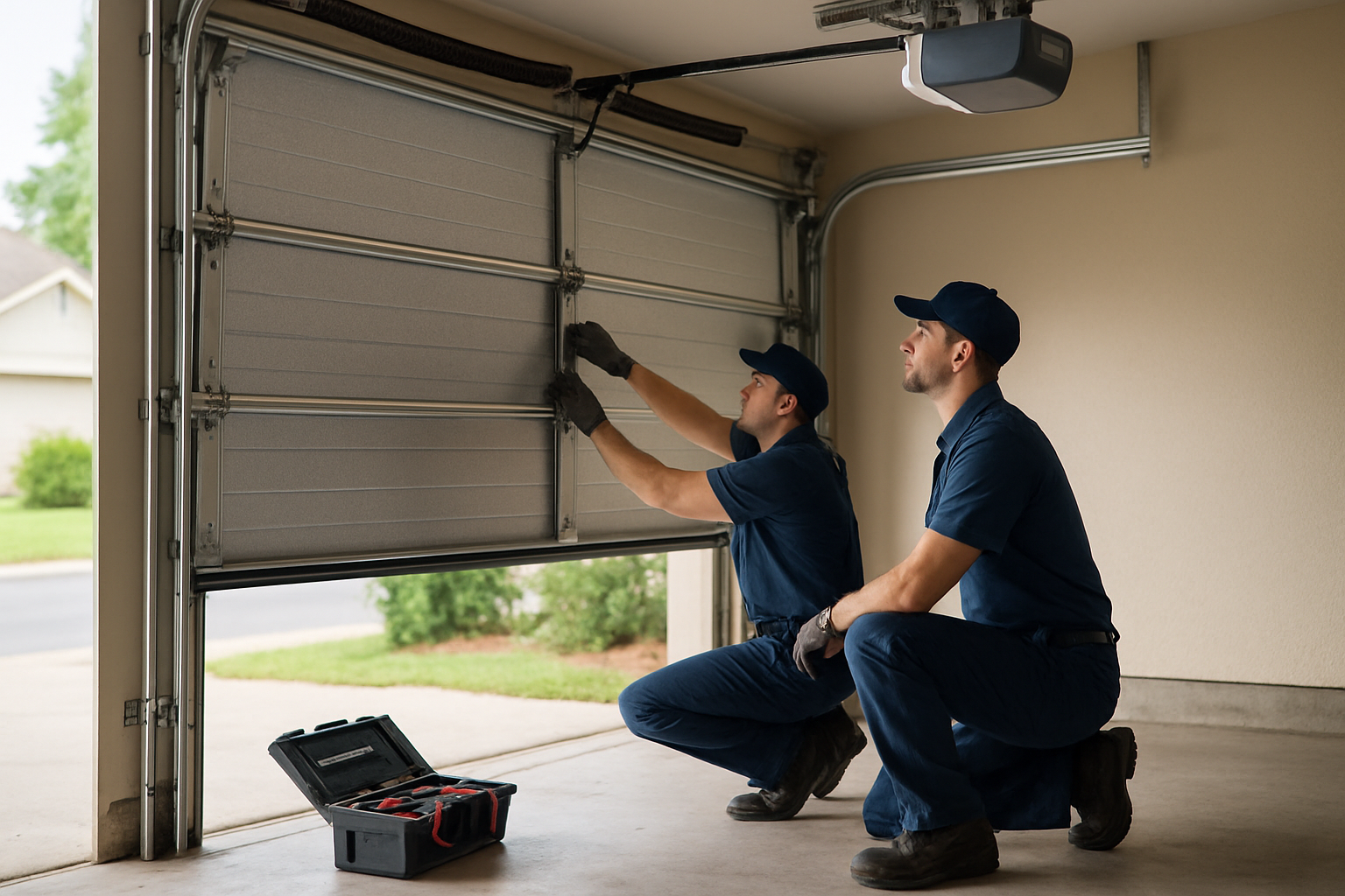 Teknisi memeriksa sectional door garasi modern dengan peralatan profesional
