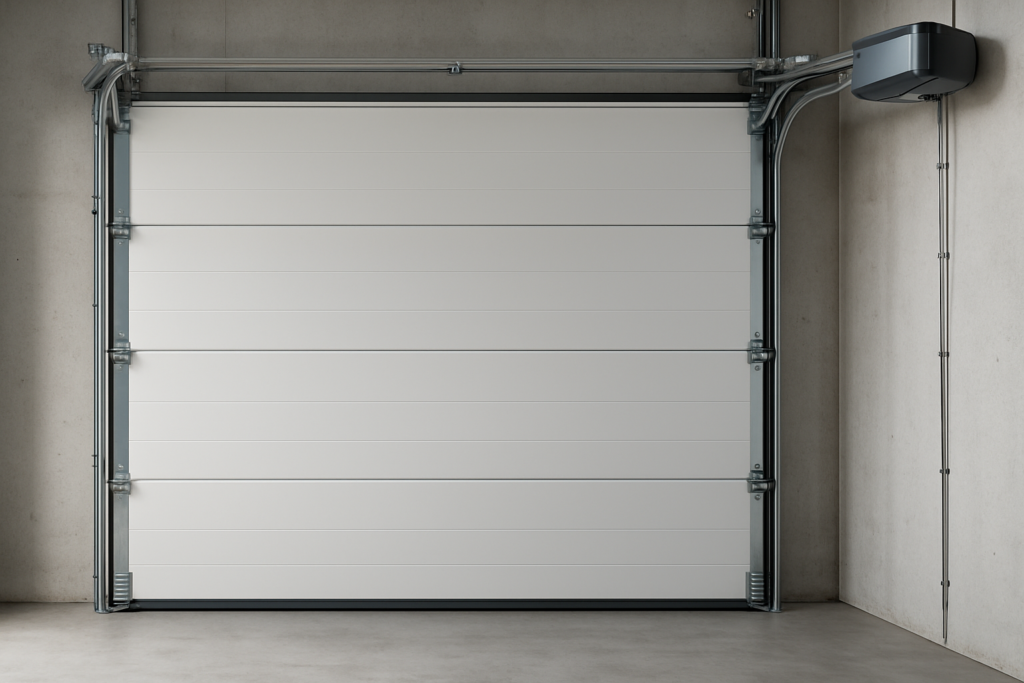 Motor otomatis terpasang pada sectional door modern di lingkungan komersial
