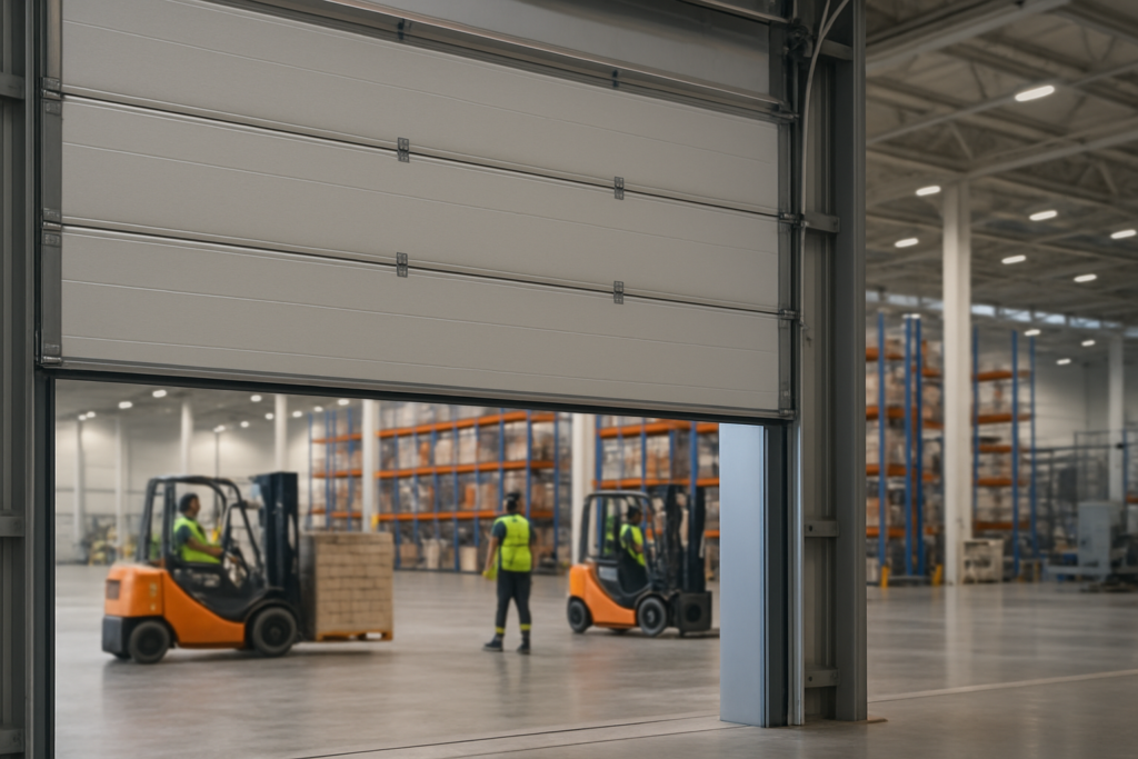 Sectional door industri terbuka di pabrik modern dengan pekerja dan forklift
