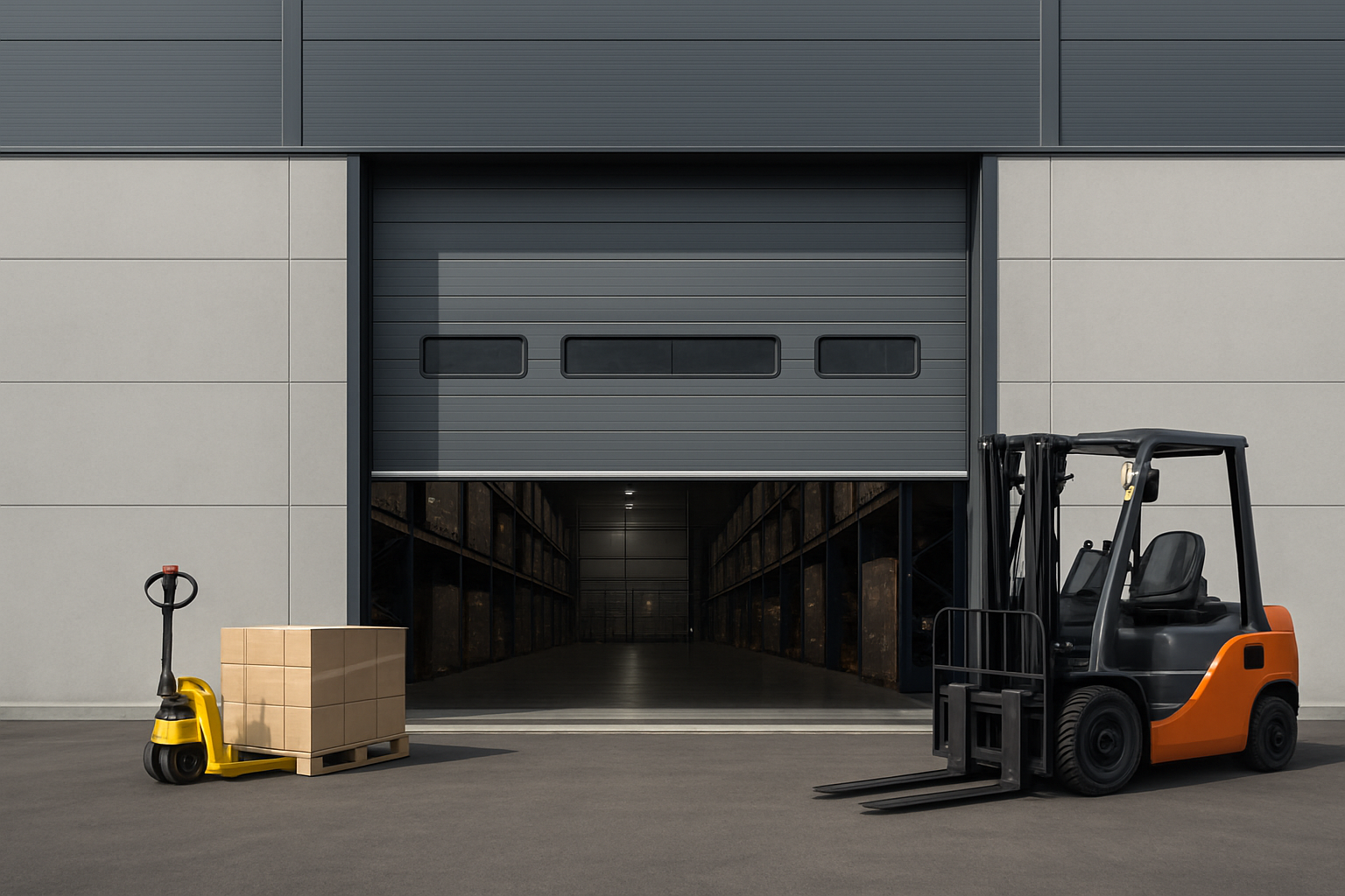 Sectional door gudang logistik modern dengan aktivitas bongkar muat
