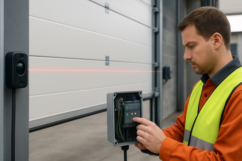 Teknisi memeriksa sensor keamanan pada sectional door dengan panel kontrol di dekatnya