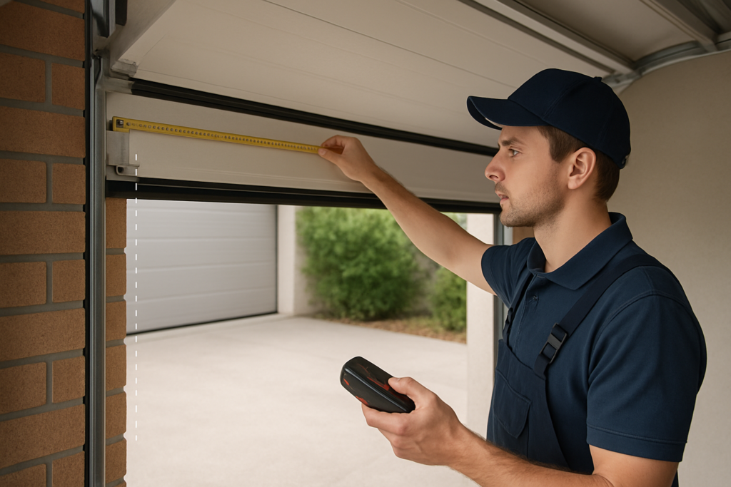 Teknisi mengukur bukaan sectional door dengan pita pengukur dan alat laser