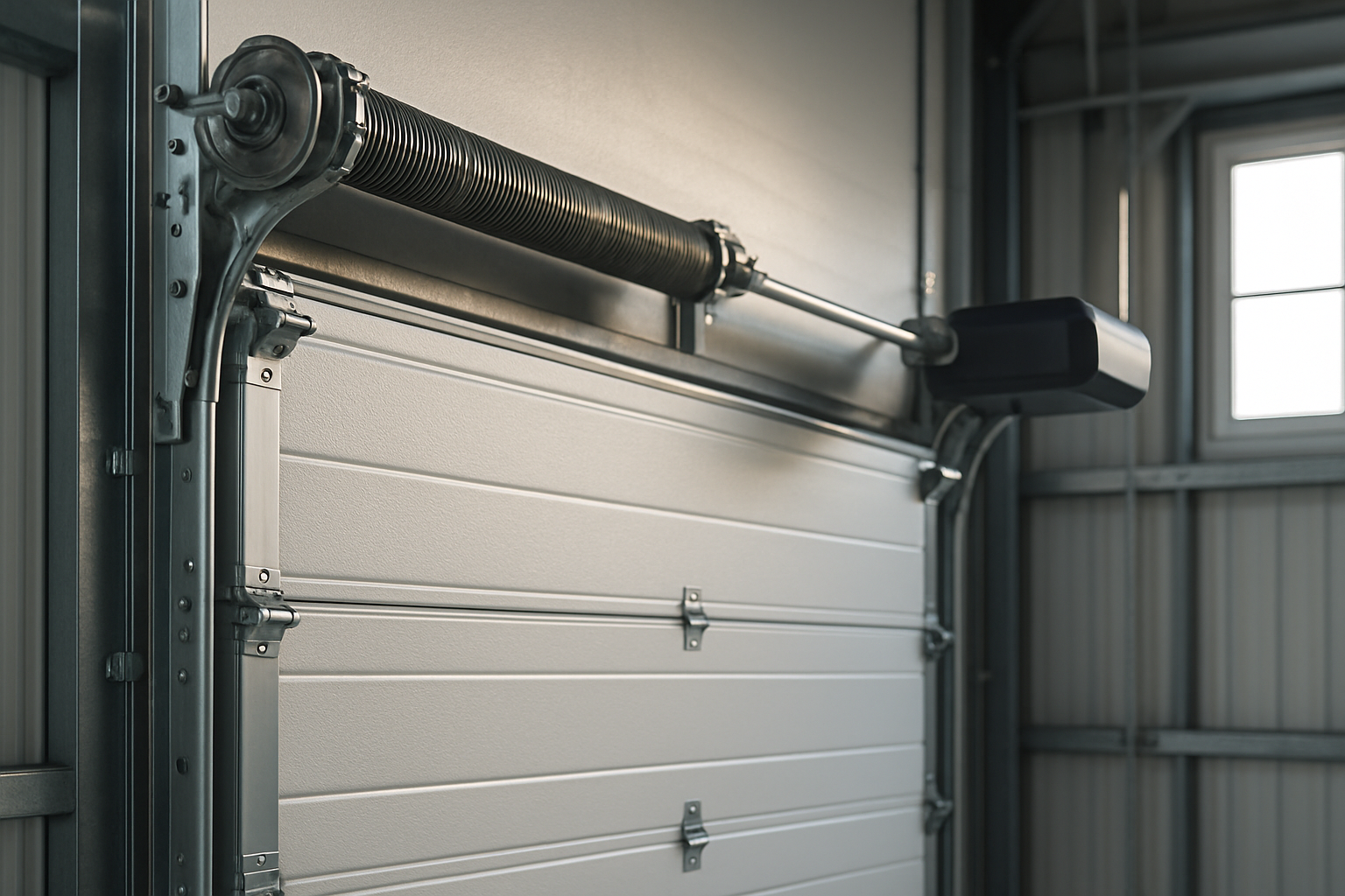 Close-up komponen sectional door: panel, rel, pegas, dan motor