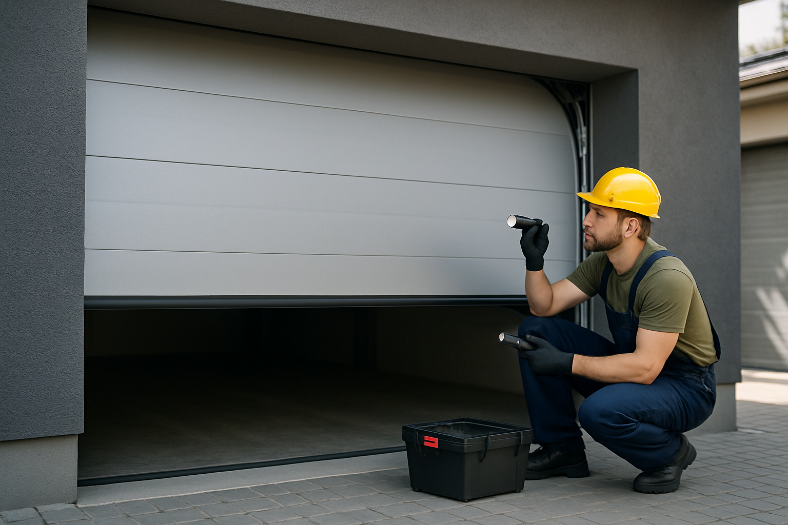 Teknisi memeriksa sectional door garasi yang sebagian terbuka