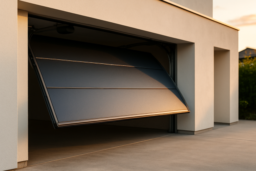 Sectional door modern di garasi rumah, sebagian terbuka