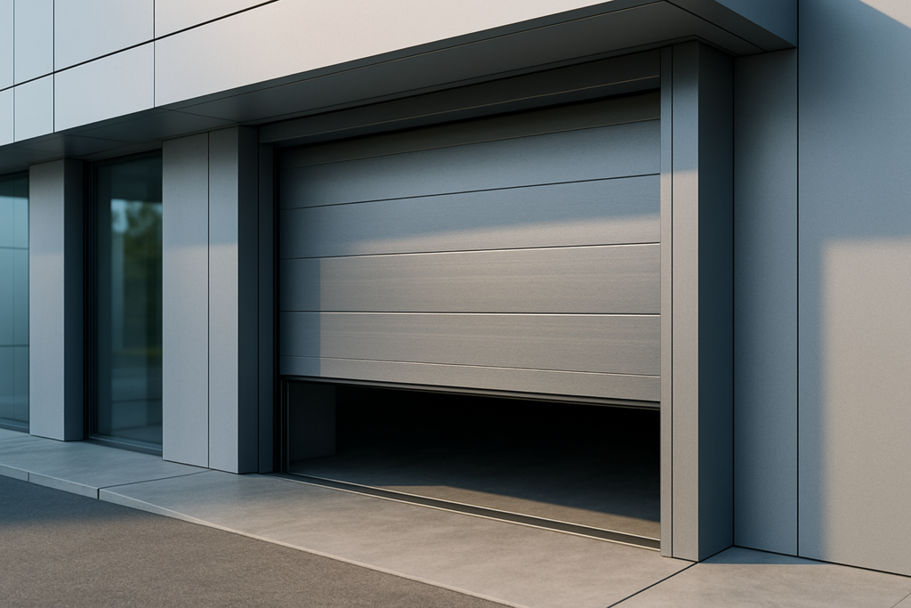 Sectional door modern pada bangunan komersial dengan desain rapi dan permukaan panel halus