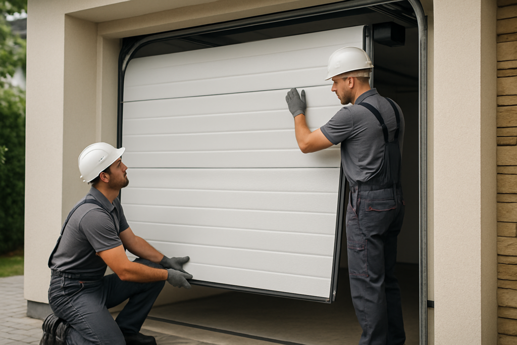 Instalasi sectional door modern di rumah dengan panel dan operator otomatis