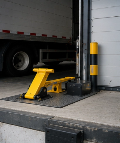 Jasa pemasangan Vehicle Restraint pada warehouse untuk menjaga posisi truk tetap stabil selama proses bongkar muat barang.